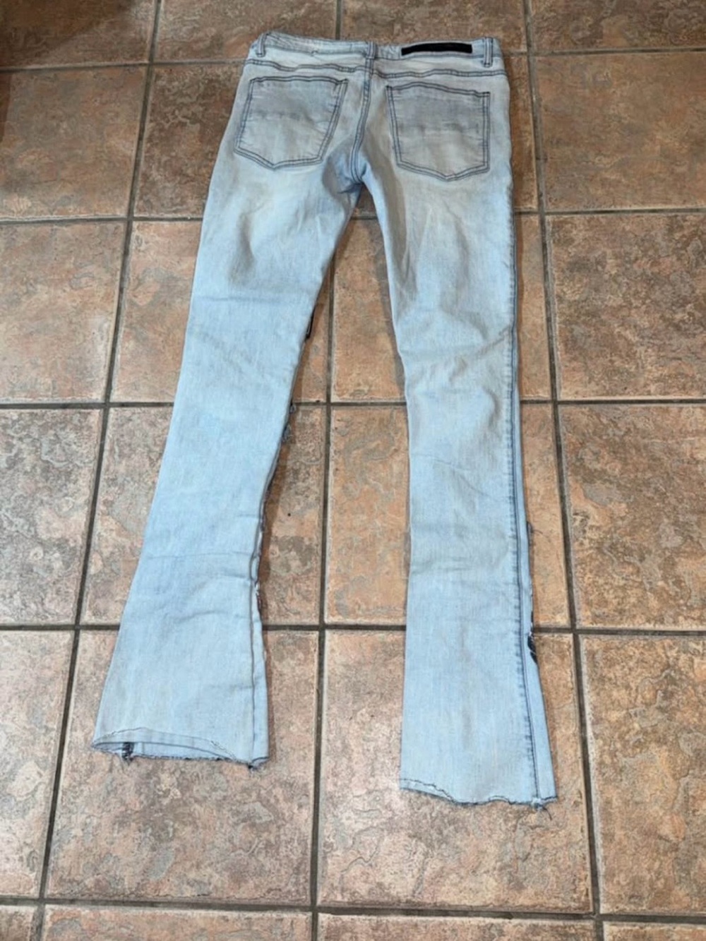 Light Wash Patchwork Men's Stacked Jeans with Multicolor Patches - Picture 3 of 3